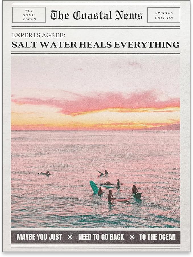 Pink Beach Newspaper Posters Vintage Fashion Coastal Girl Surf Wall Art Grainy