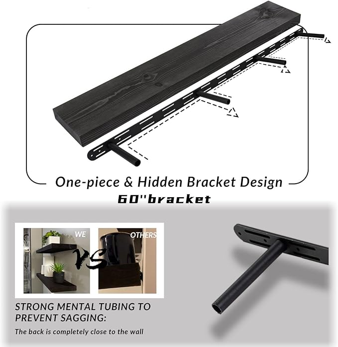 60 inch Black Floating Shelves for Wall 8 -inch deep Set of 2, Heavy Duty Solid