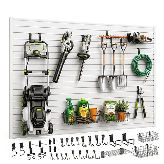 SMARTSTANDARD Slatwall Panel 4x8 FT, Garden Wall Organizer with 31 Garden Tool Hooks & Baskets,Heavy Duty PVC Slat Wall Panels for Gardening, Easy to Install & DIY Cutting(White)