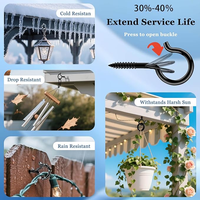 36 Pack Black Screw Hooks with Safety Buckle - 2.3 Inch Rustproof Eye Ceiling Hooks for Hanging Plants,Outdoor String Lights,Baskets,Christmas Lights & Decor,40lb Capacity (36, Black)