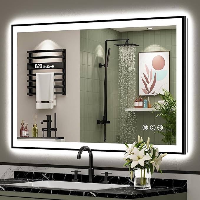 48x32 Black Framed LED Bathroom Mirror