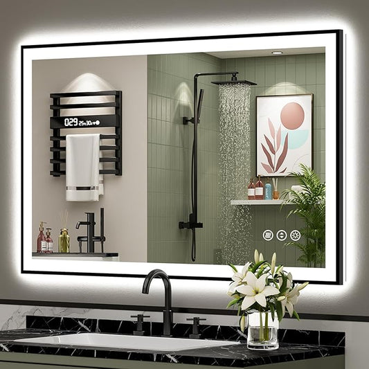 48x32 Black Framed LED Bathroom Mirror