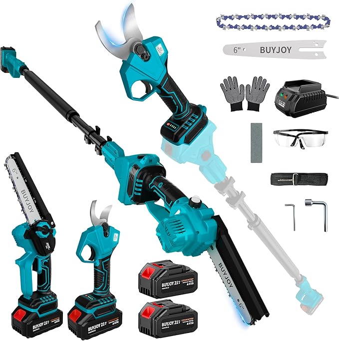 4-in-1 Pole Saw & Electric Pruning Shears, 1.4" Cutting Diameter Cordless Pruner, 6 Inch Chainsaw for Tree Trimming, 9.5ft Max Extension Pole, 2 x 4.0Ah Batteries, Battery Powered Pole Saw for Garden