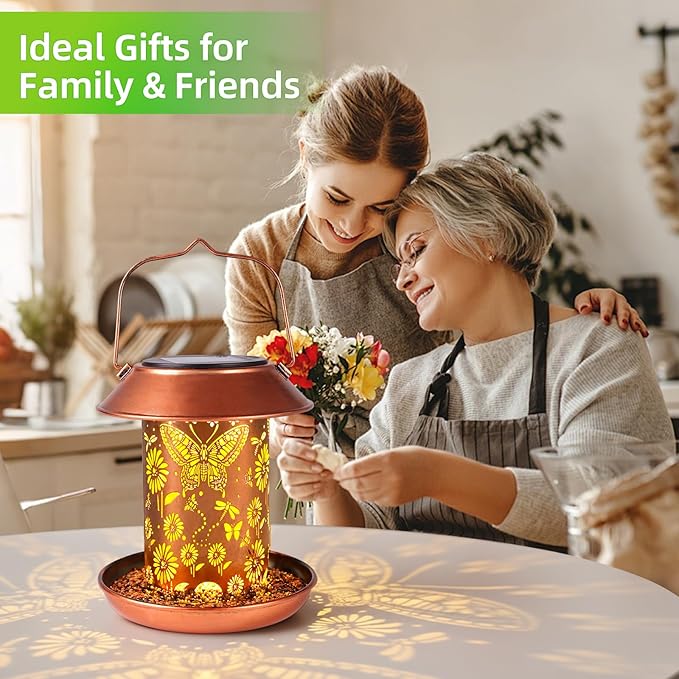 Solar Bird Feeders for Outdoors Metal Butterfly Lantern Hanging on a Tree Metal Wild Bird Feeder Decoration for Patio,Yard,Lawn,Pathway,Summer Garden Decor Gifts for Bird Lovers Mom Friends