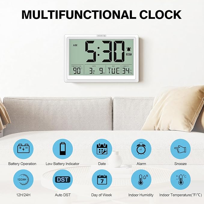 XREXS 10.4 Inch Digital Wall Clock, Battery Operated Large Display Clock