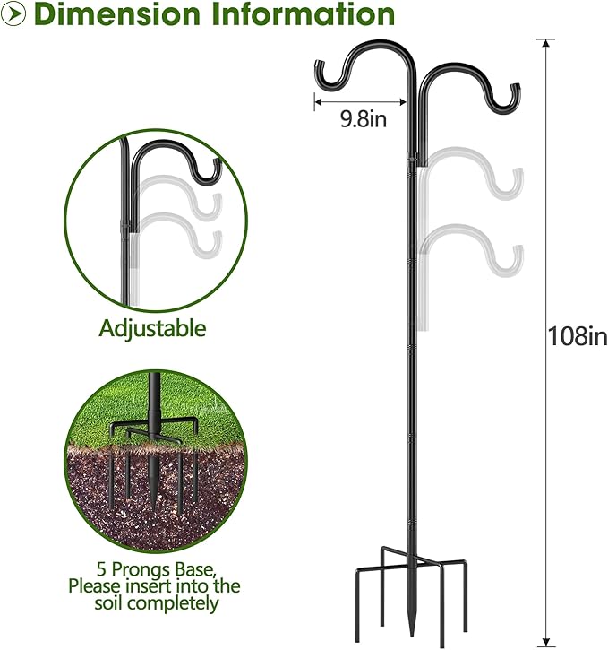 Double Shepherds Hooks for Outdoor, 108" Heavy Duty Bird Feeder Pole with 5 Prong Base, Adjustable Shepherds Hook for Bird feeders Outside, Garden, Weddings, Hanging Plants, 2 Pack, Black