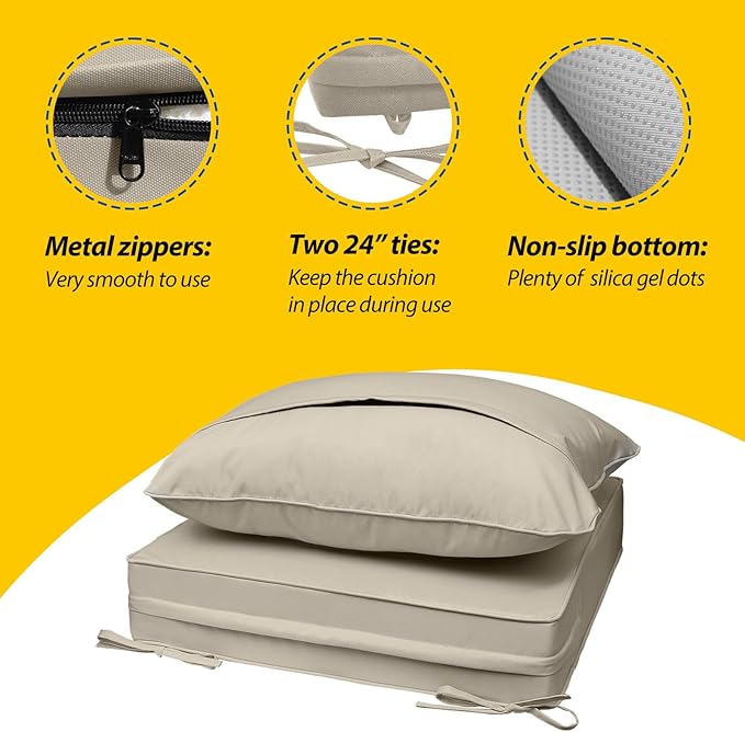 AAAAAcessories Outdoor Seat Cushions for Chairs, Fade-Resistant, Waterproof Patio Furniture Replacement Cushions, 23.5" x 25.5" x 5" + 23.5" x 19", Beige