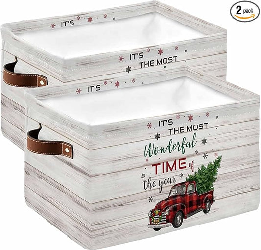 Merry Christmas Storage Bins Cubes Waterproof Cloth Storage Basket, Truck Xmas Tree Farmhouse Buffalo Plaid Foldable Storage Bags for Shelf Closet Clothes Organizers with Handles 15x11x9.5 in 2PCS