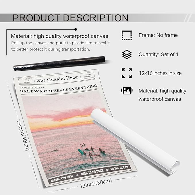 Pink Beach Newspaper Posters Vintage Fashion Coastal Girl Surf Wall Art Grainy