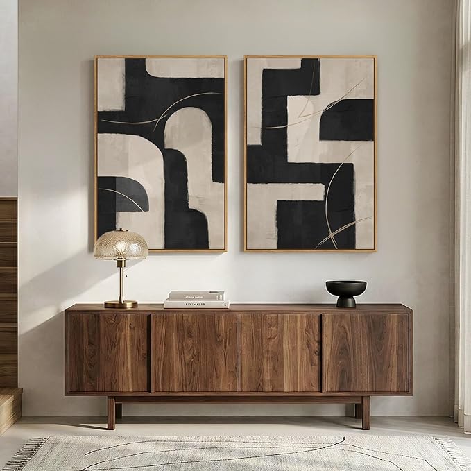 Large Framed Modern Neutral Abstract Wall Art, Geometric Pictures