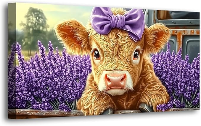 Haichuang Decor Art 40x20 Inch Highland Cow Canvas Wall Art, Cute Cow with Purple Bow & Lavender Field Print, Framed Ready to Hang for Living Room Bedroom Bathroom, Farmhouse Animal Wall Decor