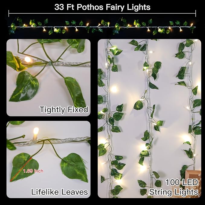 suddus Vine with Fairy Light Plug in, 33ft 100 LED Pothos String Lights