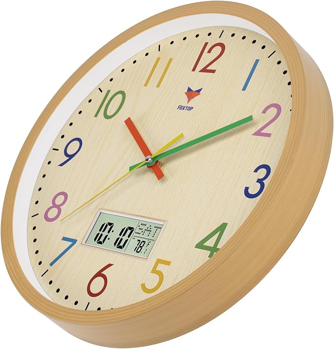Foxtop Digital and Analog Kids Wall Clock 12 Inch Silent Non-Ticking Battery