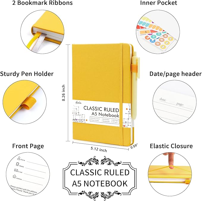 feela 3 Pack Notebooks Journals Bulk with 3 Black Pens, A5 Hardcover Notebook Classic Ruled Lined Journal Set with Pen Holder for Work Business Journaling Note Taking, 120 GSM, 5.1”x8.3”, Yellow