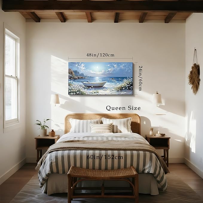 SERIMINO Beach Wall Art, Landscape Wall Art, Large Wall Decor, Coastal Boat Canvas Prints, Beachy Flowers Nature Paintings for Living Room Bedroom Dining Room Office Home Decorations 24"x48"