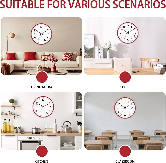 HZDHCLH Wall Clock Red, Silent Wall Clocks Battery Operated 10 Inch Modern Non