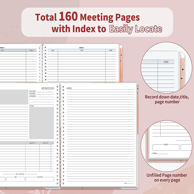 SUNEE Half Meeting Half Note - 7.5"x10" Professional Notebooks for Work - 160 Pages, B5 Size Project Planner, Spiral Meeting Agenda/Minutes Organizer for Women Men, Note Taking, Office & Business