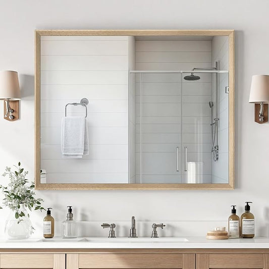 Oak Wood Effect Framed Wall Mirror, 32x40 Rectangle Mirror, Anti-desilvering