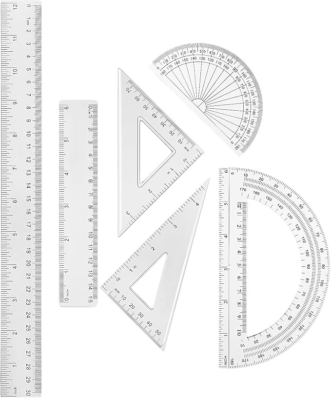 Tenare 1 Set Plastic Clear Math Set Includes Protractor Triangle Rulers 12 Inch 6 Inch Straight Geometry Math Transparent Ruler Measuring Tool for School Office Home Supplies(Clear)