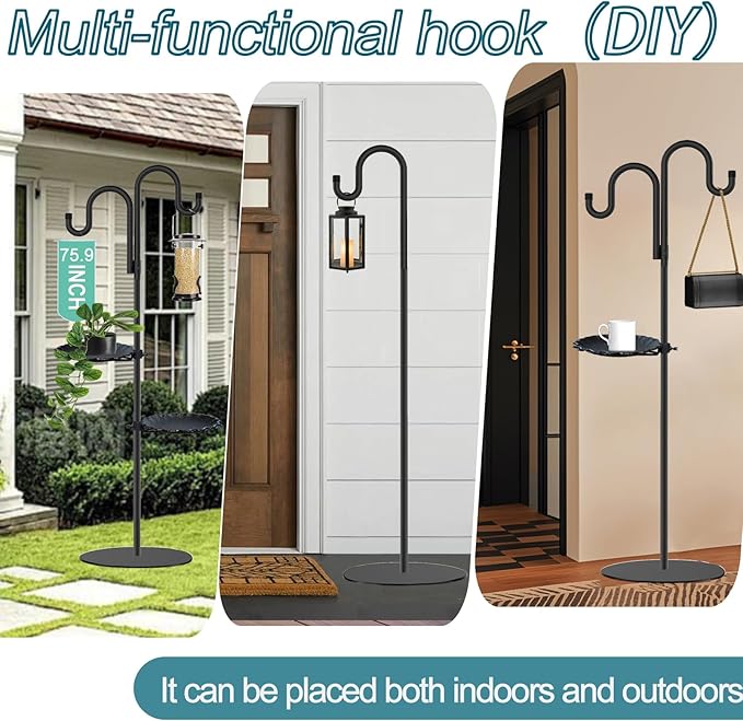 Upgraded 74" Shepherd's Hook Stand plant，Bird Feeder，Wind Chime Hanger Stand, Waterproof Metal & Adjustable-Height Standing Pole Holder for Lantern and Wreath, Indoor & Outdoor（2 Placement Racks)