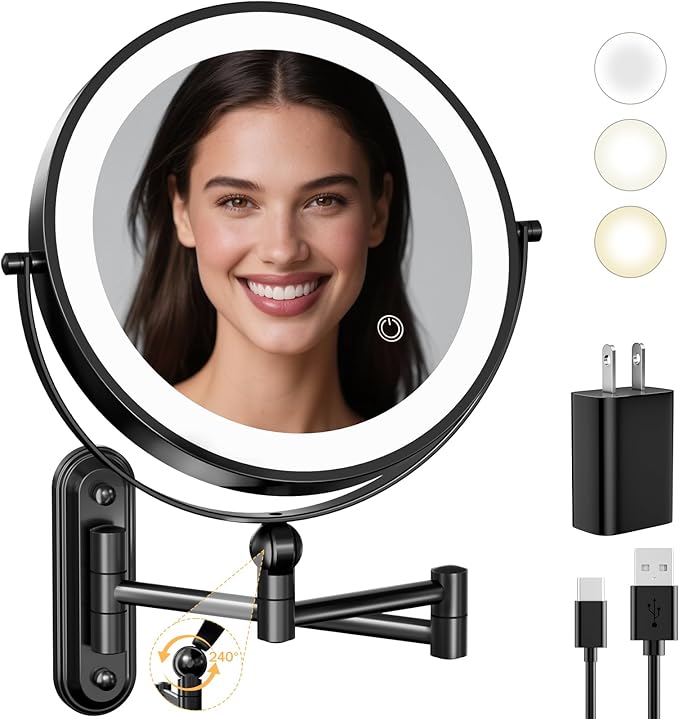 9" Wall Mounted LED Lighted Makeup Vanity Mirror - 4000mAh Rechargeable Double
