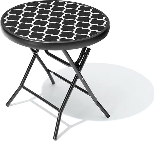 Foldable Patio Side Tables, 17.7" Small End Table Outdoor Weatherproof, Round Glass Top Outside Folding Table for Poolside, Balcony, Yard, Porchï¼Black and White Stripeï¼