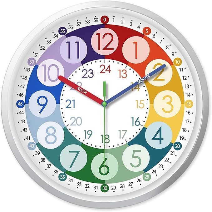 XFM Learning Clock for Kids 8 Inch Silent Wall Clocks Battery Operated Colorful