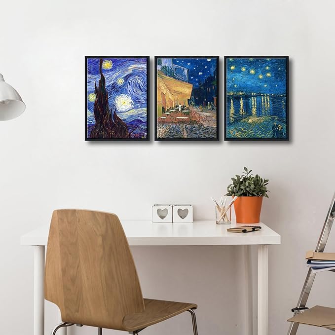 Wieco Art Framed 3 Panels Canvas Prints of Vincent Van Gogh Paintings