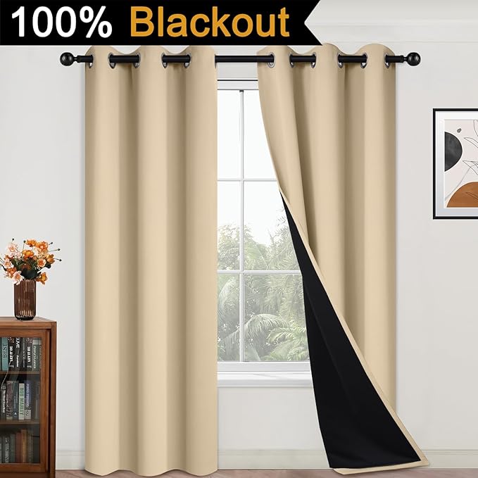 Yakamok Beige 100% Blackout Curtains, Thermal Insulated Total Blackout Drapes