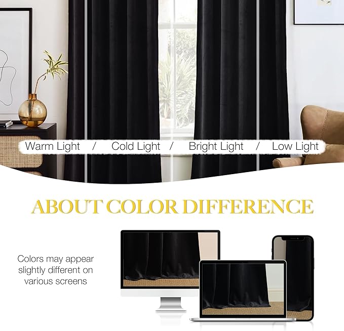 NICETOWN Black Velvet Blackout Curtains, Solid Heavy Matt Rod Pocket