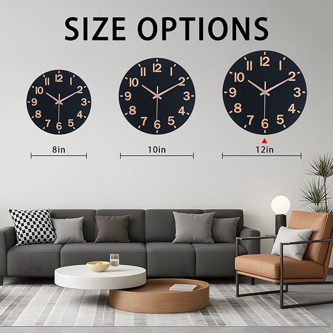 HZDHCLH Wall Clock 12 Inch Silent Non Ticking Wood Battery Operated Black