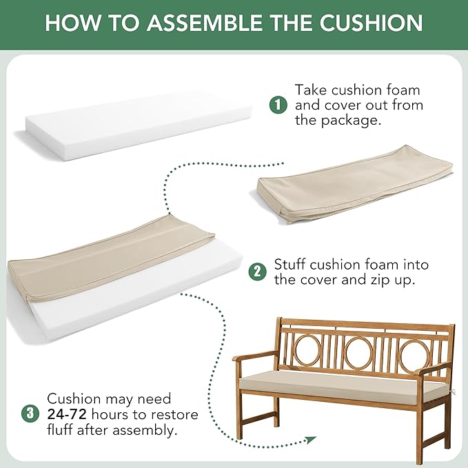 Summsun Outdoor Bench Cushion: Waterproof and Fade Resistant Patio Furniture Cushions - Non-Slip Bench Pad Cushion with Removable Cover for Garden Swing Porch Sofa Settee, 48 x 18 x 3 Inch, Beige