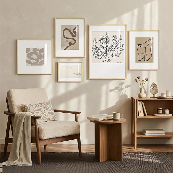 Framed Matisse Abstract Neutral Wall Art, 5 Piece Large Beige Canvas Prints Set
