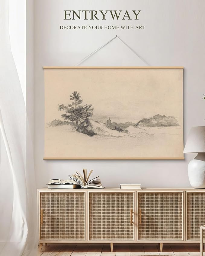 VIYYIEA Extra Large Canvas Wall Art, 36x54 Inch Vintage Pine Tree Landscape Hanging Scroll, Black and White Neutral Wall Decor for Living Room, Bedroom, Office