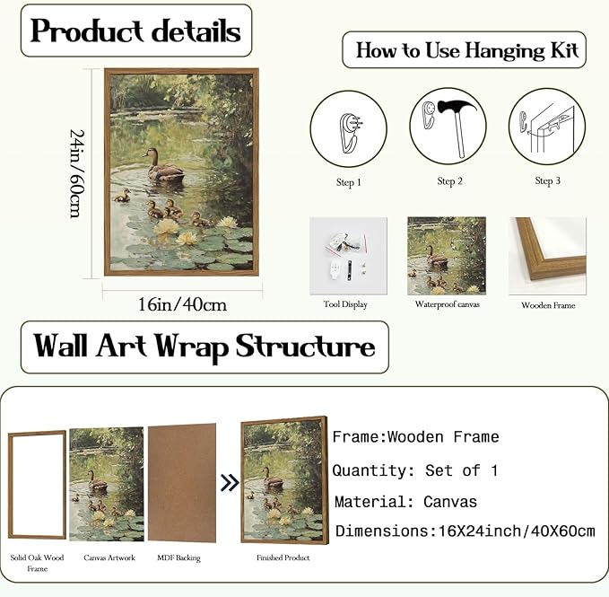 Framed Vintage Duck Canvas Wall Art, Rustic Farmhouse Animal Family Pictures
