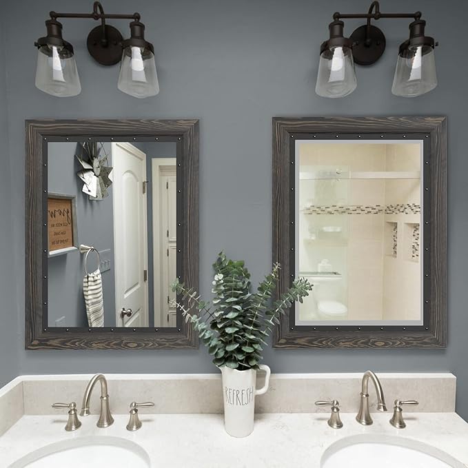 YOSHOOT Rustic Wooden Framed Wall Mirror, 32x24 Inch, Natural Wood and Iron