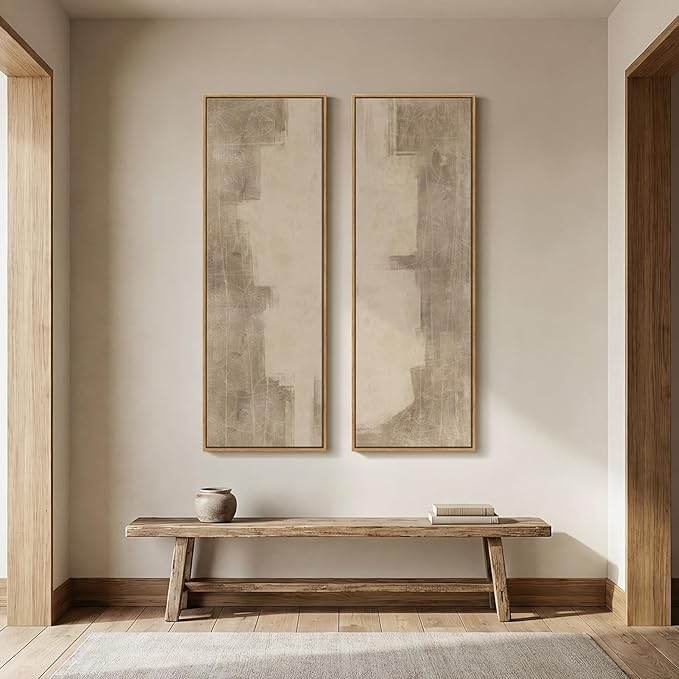 Long Narrow Framed Neutral Abstract Vertical Wall Art Set of 2, Oversized