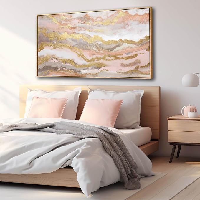 YJYart Canvas Wall Art Gold Living Room Decor Pink Canvas Art Room Decor