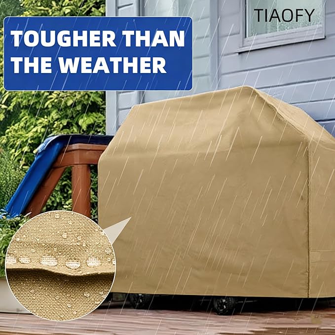 BBQ Gas Grill Cover for Outdoor, Anti-UV, Rip-Proof, 600D Oxford Fade Resistant Material, Barbecue Cover with Hook and Loop Straps & Adjustable Hem Drawstring (Beige, 60”x24”x44”)