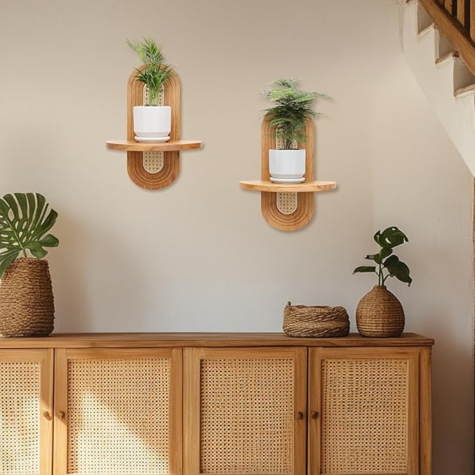 Floating Shelves for Wall, Boho Home Wall Decor, Rattan Plant Shelf Set of 2