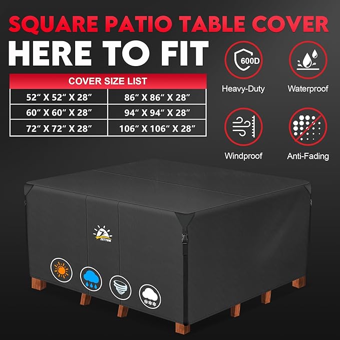 Zettum Patio Furniture Cover Square - 74 Inch Outdoor Table Cover Waterproof & Heavy Duty, 600D Lawn Furniture Set Covers for Outside Dining Table and Chairs Seating Combo - 74 x 74 x 28 Inch
