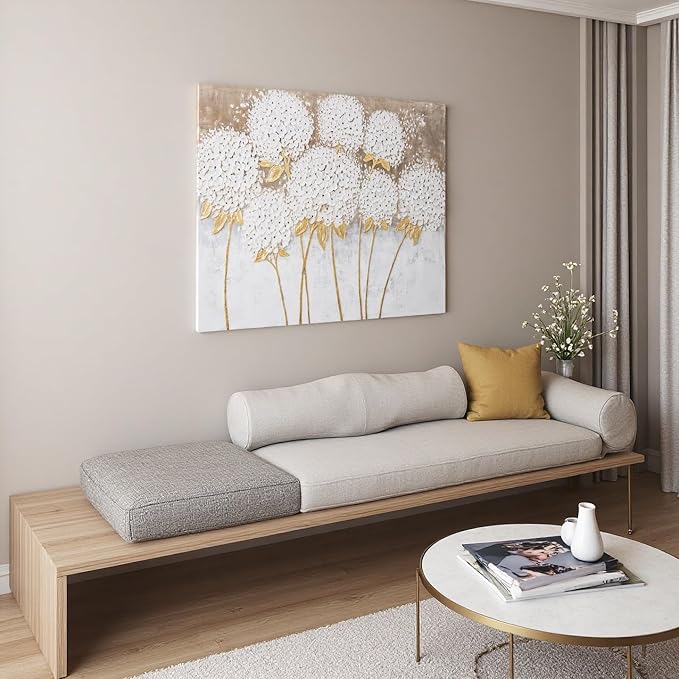 JolyWell White Hydrangea Flower Wall Art, hand-painted Large Canvas Wall Art