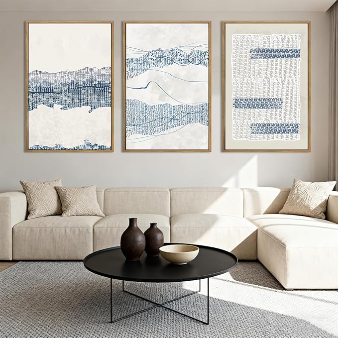 IARTTOP Large Blue Coastal Framed Wall Art 16x24 Inch White Abstract Boho Art Prints Minimalist Modern Artworks for Living Room Bedroom Dining Room Set of 3