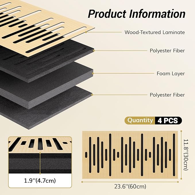 TONOR 4-Pack Acoustic Wood Wall Panels, 23.6” * 11.8” * 1.9” 3D Self-adhesive