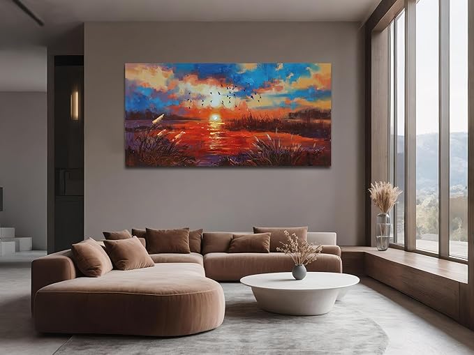 Anolyfi Sunset Wall Art for Living Room, Reed Lake Wall Decor Red Artwork for