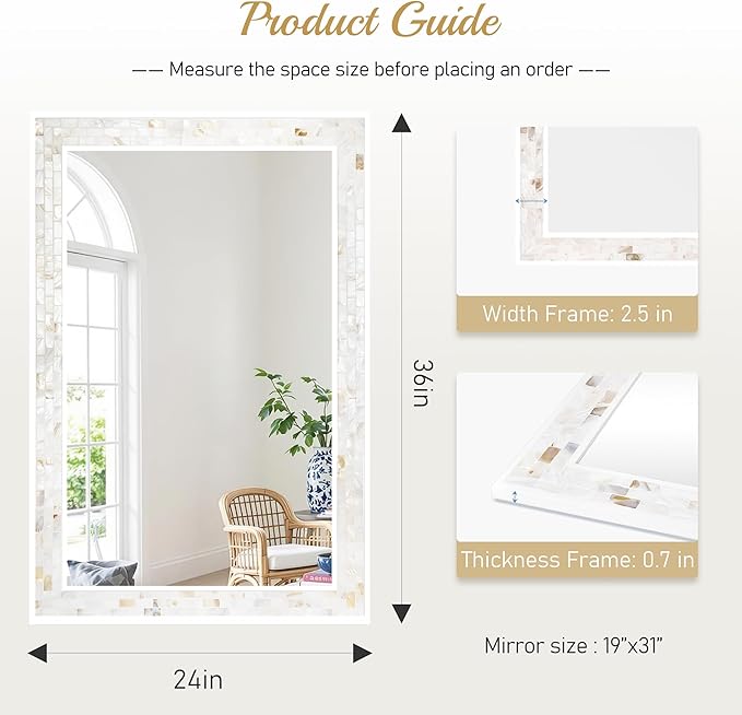 Mosaic Bathroom Mirrors for Wall 24x36 Inch, Natural Mother of Pearl Inlay
