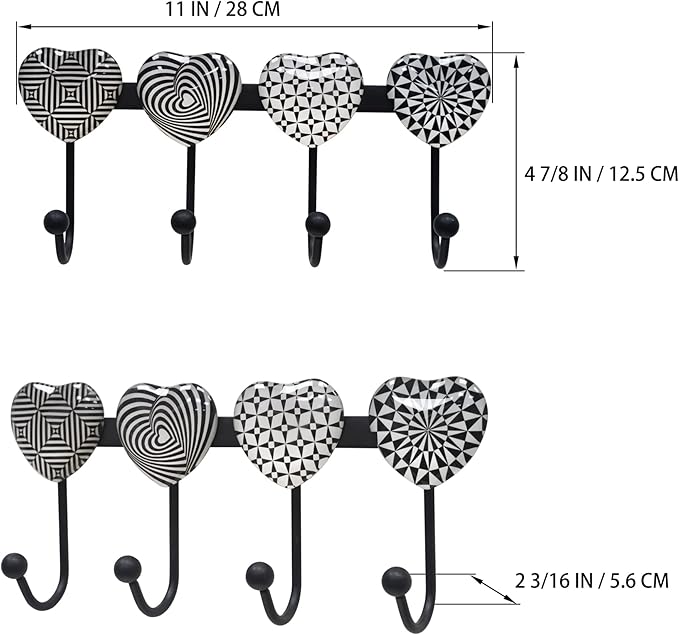 Coat Rack Wall Mounted with 4 Hooks, Heart Geometric Pattern Decorative Wall