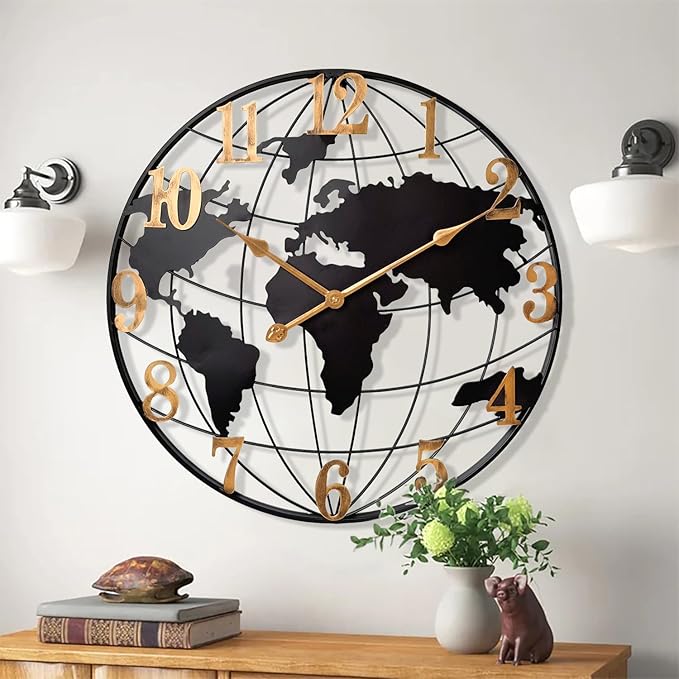 Large World Map Wall Clock, Metal Minimalist Modern Clock, Round Silent