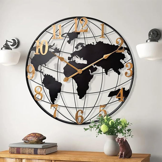 Large World Map Wall Clock, Metal Minimalist Modern Clock, Round Silent