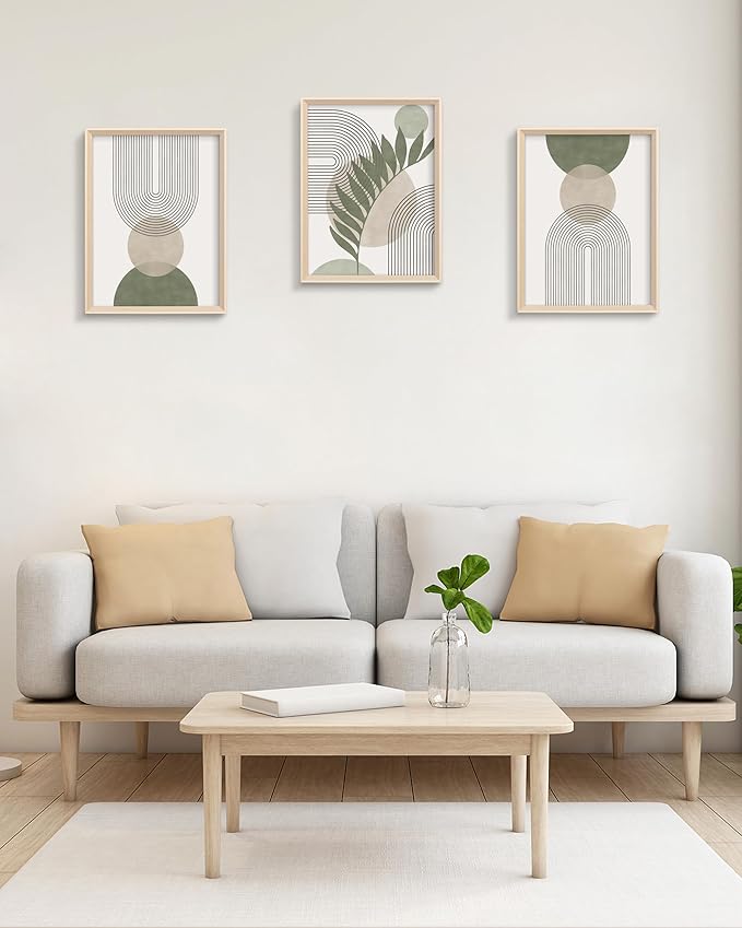 HesenDot Boho Sage Green Framed Wall Art, 12x16in High Framed Design Canvas